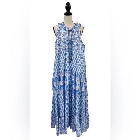 Calypso St. Barth Calypso St Barth Daria Dress L Blue White Block Print Floral Cotton Resort Maxi | Sz: M | Color: Blue White